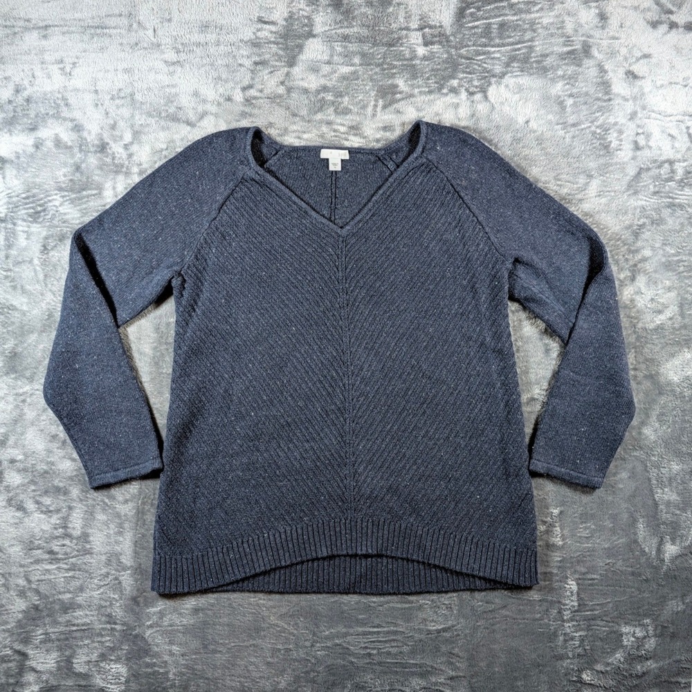 J. Jill Women Chevron Ribbed V-Neck Sweater Size M Navy Blue Marled Knit Classic